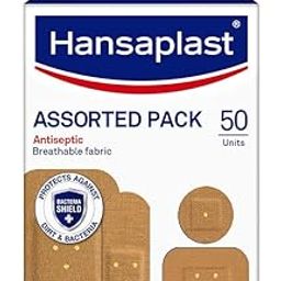 Hansaplast Antiseptic Plasters | Various Shapes & Sizes Bandage | Pack of 50 Units | First Aid kit | Breathable fabric | Home Essential Kit | Antiseptic Wound Pad-25