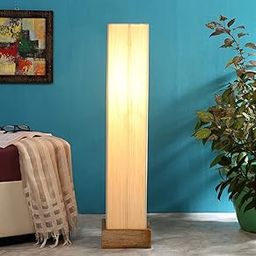 AMDHOME Off White Khadi Cotton Square Natural Wood Floor Lamps (Off White,Khadi) 69-image-1