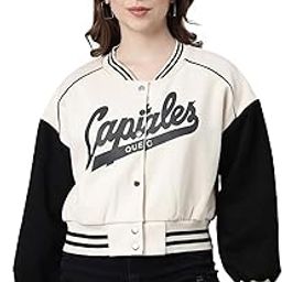 showoffff SHOWOFF Women's Mandarin Collar Typography Cream Crop Oversized Drop Shoulder Varsity Jacket-6014_Cream-picture-34