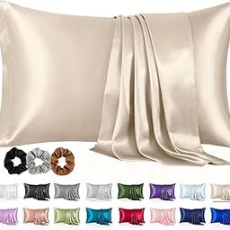 Woodentelio® Satin Pillow Covers Set of 2 with 3 Free Random Color Scrunchies | Hair & Skin Friendly Pillowcases | Envelope Closure | No Zipper | Gift Combo (Beige)-image-89