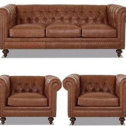 Classic 3+1+1=5 Seater Sofa Set Luxury Chesterfield Leatherette Sofa in for Home Living Room & Office (Brown 2)-29