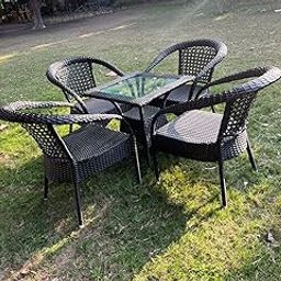 Prime Aura 4+1 Stylish Outdoor Patio Furniture Set, Black Wicker Rattan Chairs with Glass Top Table UV PROCTECTED Wicker Chair (Black)-image-76