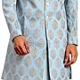Men's Indo-Western Kurta Sherwani Churidar Set, Blue Pure Cotton, Printed Regular Fit Mandarin Collar Long Sleeves-picture-8