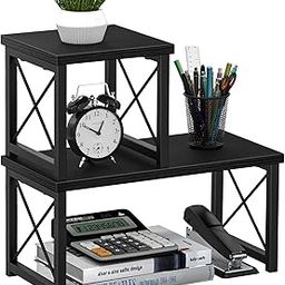 Honiter Wood Desktop Shelf, Desktop Organizer Office Storage Rack Adjustable Display Shelf, 2 Tier Independent Stackable Desk Stand, Freestanding Small Bookshelf Desk Supplies Organizers, Black-9