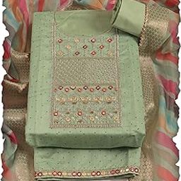 Women's Chanderi Cotton Dress Material – Embroidered Kurta Fabric, Laheriya Dupatta, Shantoon Bottom – Unstitched Ethnic Suit Set-image-123