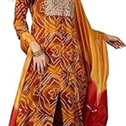 Women's Pure Viscose Bandhani Print and Embroidered Work Kurta Palazzo and Dupatta Set-image-51