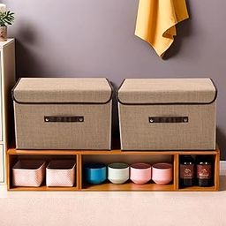 Kuber Industries Pack of 2 Drawer Organizer (Large) Foldable Clothes Storage Box | Clothes Organiser for Wardrobe | Lid & Handle | Jute Fabric | Cloth Organizer | Cupboard Organizer | Brown-12