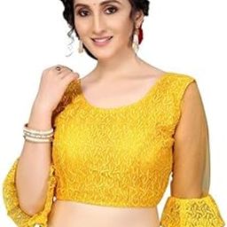 AVINLE Embellished Round Neck Net Designer Blouse Three-Quarters Sleeve Readymade Saree Blouse for Women (Yellow, 30)-image-96