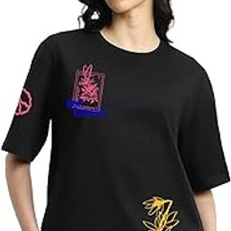 veirdo Pure Cotton Round Neck Oversized Baggy Fit Drop Shoulder Front & Back Brief Romance Printed Black Half Sleeve T-Shirt for Women & Girls(Sizes- S to 2XL)-picture-16