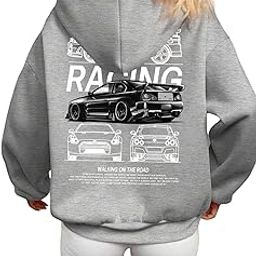 Casual Walking on The Road Racing Print Hooded Loose Fit Sweatshirt for Women-image-28