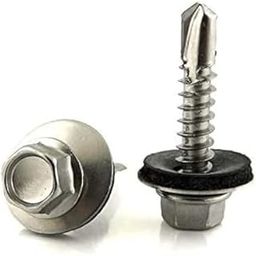 Self-Drilling Screw, Zinc Plated Finish, Hex Washer Head, External Hex Drive, Sealing, Includes Washer [Pack of 100] (10 X 25)-28