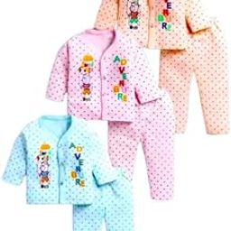 Baby Boy and Baby Girl's Fabulous Collection of Printed Full Sleeves Soft Hosiery Cotton Vests,Jhabla T-Shirt with Pyjama Pants Dress for Kids Infant Toddler Set OF 3-image-58