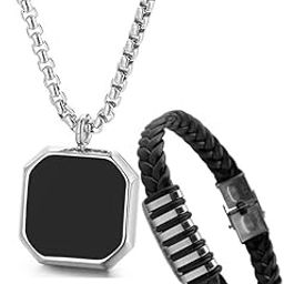 Valentine Gift For Boyfriend Silver Chain For Men Stainless Steel Geometric Silver Pendant With Black Leather Bracelet For Men Boys Love Gifts Combo-picture-56