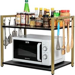 Premium Metal Microwave stand || Microwave & OTG Stand for Kitchen Counter|| Double Platform for Extra Storage with hooks|| Kitchen Oven Rack (Black & Golden)-23