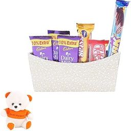 SFU E Com Wonderfull Chocolates With Golden Wooden Basket | Valentine Love Teddy Bear With Chocolate Combo | Valentine Chocolate Hamper | 248-71