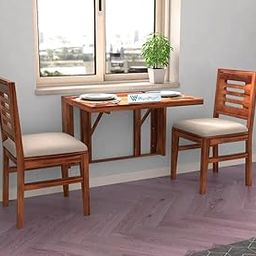 WoodFry Wooden Wall Mounted Dining Table 2 Seater | Two Seater Space Saving Table and 2 Chairs with Cushion | Solid Wood Sheesham, Honey Finish-image-79