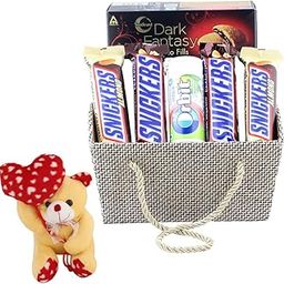 SFU E Com Beautiful Basket With peanut Chocolates | Valentine Heart Teddy Bear With Chocolate Combo | Valentine Chocolate Hamper | 1054-7