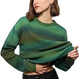 Knitted Ombre Sweater: Fern Women and Girls Long Sleeves Round Neck Acrylic Oversized Sweaters-image-28