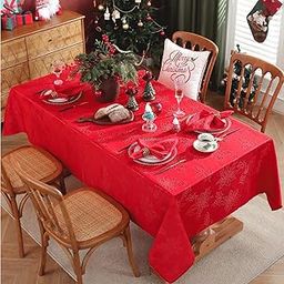 Honellaty Christmas Poinsettia Tablecloth Rectangle, 60 x 102 inch Jacquard Washable Polyester Durable Spillproof Anti-Wrinkle Damask Fabric Table Cover for Christmas or Daily Uses, Red-image-29