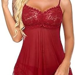 XCUTE Polyester Spandex & Lace Floral Lingerie for Women Lace Babydoll Sleepwear Chemise V Neck Mesh Sleepwear Sling Dress-image-12