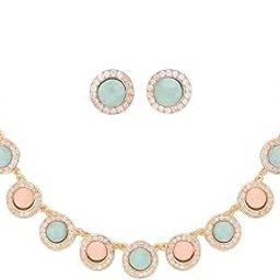 Crystal-Studded Necklace and Earrings Set, Mint Green and Pink Pastels, Rose Gold Chain-image-24