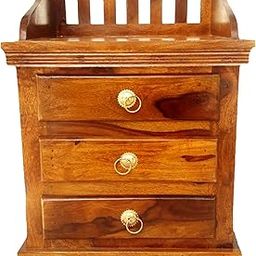 Shri Karni Handicraft Solid Sheesham Wood Bedside End Table with 3 Drawer Storage for Bedroom (Natural Brown)-image-91