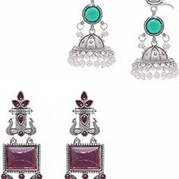 Silver Polish Oxidise Pecock Design Black & Green Round Stone White Pearl Jhumki Dangle Earring for Women & Girls-image-67