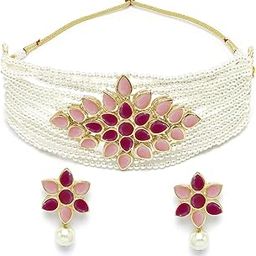 karatcart Gold Plated Pearl Beaded Royal Pink and Baby Pink Kundan Stone Choker Necklace Set-picture-4