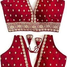 Women's Silk Deep V Cut Neck Embroidery Work with Handwork Sleeveless Readymade Blouse (38" Stitched and Upto 42" Margin)-image-46