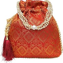 Brocade Potli Bag Purse With Pearl Handle Tassel Women’s Handbag Giveaways Festival-0
