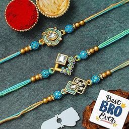 eCraftIndia Set of 3 Kundan Beads Designer Rakhis | Best Bro Ever Fridge Magnet | Roli Chawal Pack | Rakhi for Brother Bhaiya Bhai Bhabhi Kids-image-88