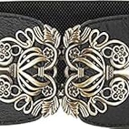 Women Cinch Belt, PU Leather Stretchy Waist Belt with Floral Metal Buckle, Retro Style, 25-35 Inch-image-94