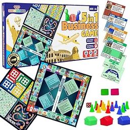Wembley 5 in 1 Business Game Board Games Set with Ludo Snakes and Ladders Cricket Indoor Games Educational Toys Family Fun Strategy Learning Activity Birthday Gift for Kids Boys Girls 3 4 5 6+-12
