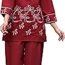 Women's Cotton Fabric Mandarin Collar 3/4 Sleeves Embroidered Co-ord Set with Straight Pants-image-35