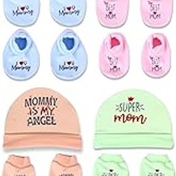Mom's Darling, pack of 4 sets, Newborn Infant Cotton Cap, Mittens, Booties for Baby Boys and Baby Girls | Soft Baby Hat, Gloves and Socks Set | Baby Essential and Shower Gift | Breathable Baby Clothes-15