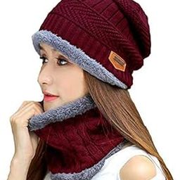 Atipriya 2 Pcs - Cap and Scarf - Imported Soft Warm Snow and Air Proof Fleece Knitted Cap (Inside Fur) Woolen Beanie Winter Cap with Scarf for Women Girl Ladies, pack of 1 MAROON-15