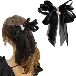 ANNA CREATIONS Stylish Hair Bow Shiny Large French Big Bow with Pearls Hair Barrette Clip Pearls Hair Clip Hair Accessories Silk Bow Hairclip for Women & Girls Pack of 1 Pcs (Black)-image-54