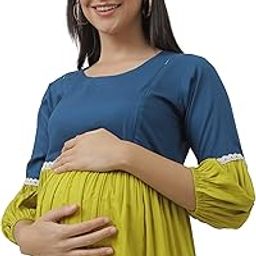 Cotton Round Neck Maternity Dresses for Women with Gathered Sleeves | Front Feeding Zip and 2 Side Pockets Blue-picture-56