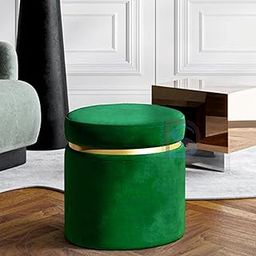 Dence Store Round Footrest Stool with Linen Fabric Padded Seat Pouffe Ottoman in Velvet for Living Room, Bedroom, Hallway-Green-image-86