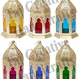 TAJ CREATIVE HANDICRAFTS Antique Hanging Moroccan T-Light Holder with Wax (6 Pack) (8.5 x 8.5 x 17 Centimeters)-image-1
