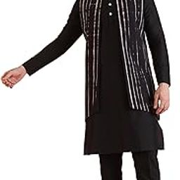 Men's Kurta Jacket Set, Black Cotton Blend, Printed Regular Fit Long Sleeves Mandarin Collar-image-36