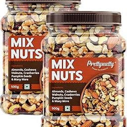 PrettyNutty Healthy Nutmix 1kg, Dried Almonds, Black Raisins, Cashewnuts, Cranberries, Green Raisins, Walnut Kernels & Many More. Pack of 2 (500g Each Jar)-28