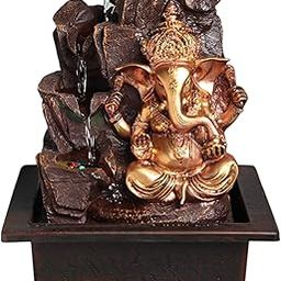 Lord Ganesha Tabletop Water Fountain with LED Lights – Polyresin Indoor/Outdoor Decor for Home & Office (Brown-Gold)-image-58