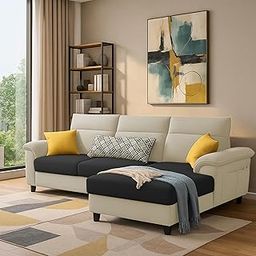 GRAPEWOOD Nelson RHS 4 Seater L Shape Sofa for Living Room (Cream Black Fabric) Premium Fabric Sofa Set-image-70