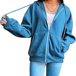 ™ Women's Solid color Cotton Blend Zipper Hoodie Jacket loose Top Blue S | Sweats & Hoodies | Womens Clothing-image-9