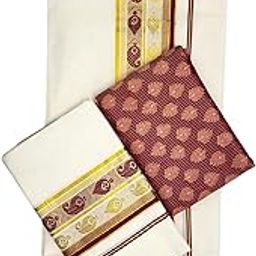 Pure Cotton Set Mundu Extra Length Kuthampully Set Mundu Golden Silver & Copper Designs 2x2.80 Meter-image-1