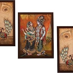 Indianara 3 Pc Set of Radha Krishna Paintings Without Glass 5.2 X 12.5, 9.5 X 12.5, 5.2 X 12.5 Inch-Multicolour-22