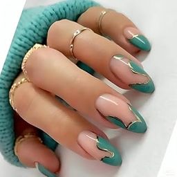 KLOSS BEAUTY EMERALD GOLD LONG OVALpress on nails Artificial Nails, Reusable Fake Nails, Set of 22 false nails Universally sized nail extensions for women Press- On nails, Longlasting fake nails with Glue GLOSSY Finish (Nude Base with Green Abstract Design )-25