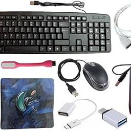 Anjo 9 in 1 Combo of Wired Keyboard, Wired Mouse, Pad, USB Hub 4 Ports with Switch, Cleaning Gel with Cloth 100ml, USB Extension Cable 1.5 Meter, USB LED Light, OTG Micro to A & OTG Type C to A 2.0-0