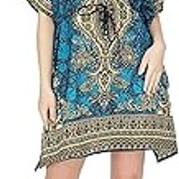 Womens Floral Print Long Kaftan Tunic Dress Maxi Kaftan Plus Size Cover up Dresses (Short Length Free Szie, Teal)-5